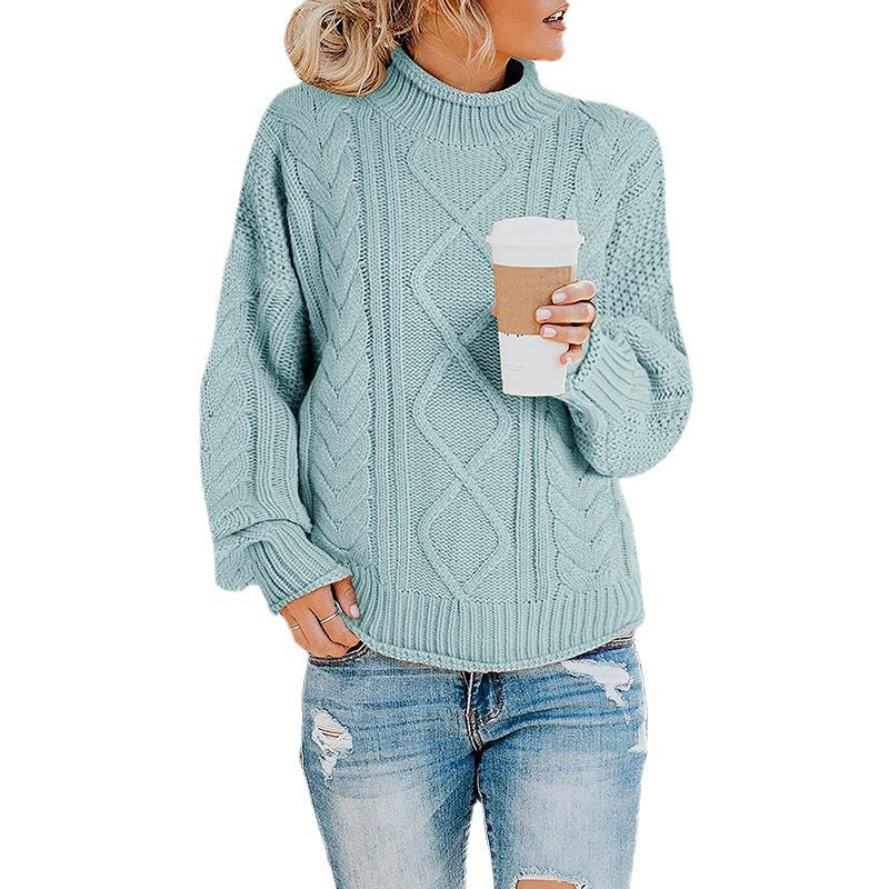 Damen Strickpullover mit hohem Kragen und dekorativem Zopfmuster Drune