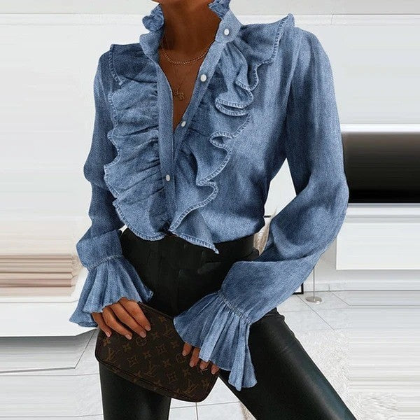 Drune | Denim Bluse Mit Langen Ärmeln Und Rüschen Für Damen
