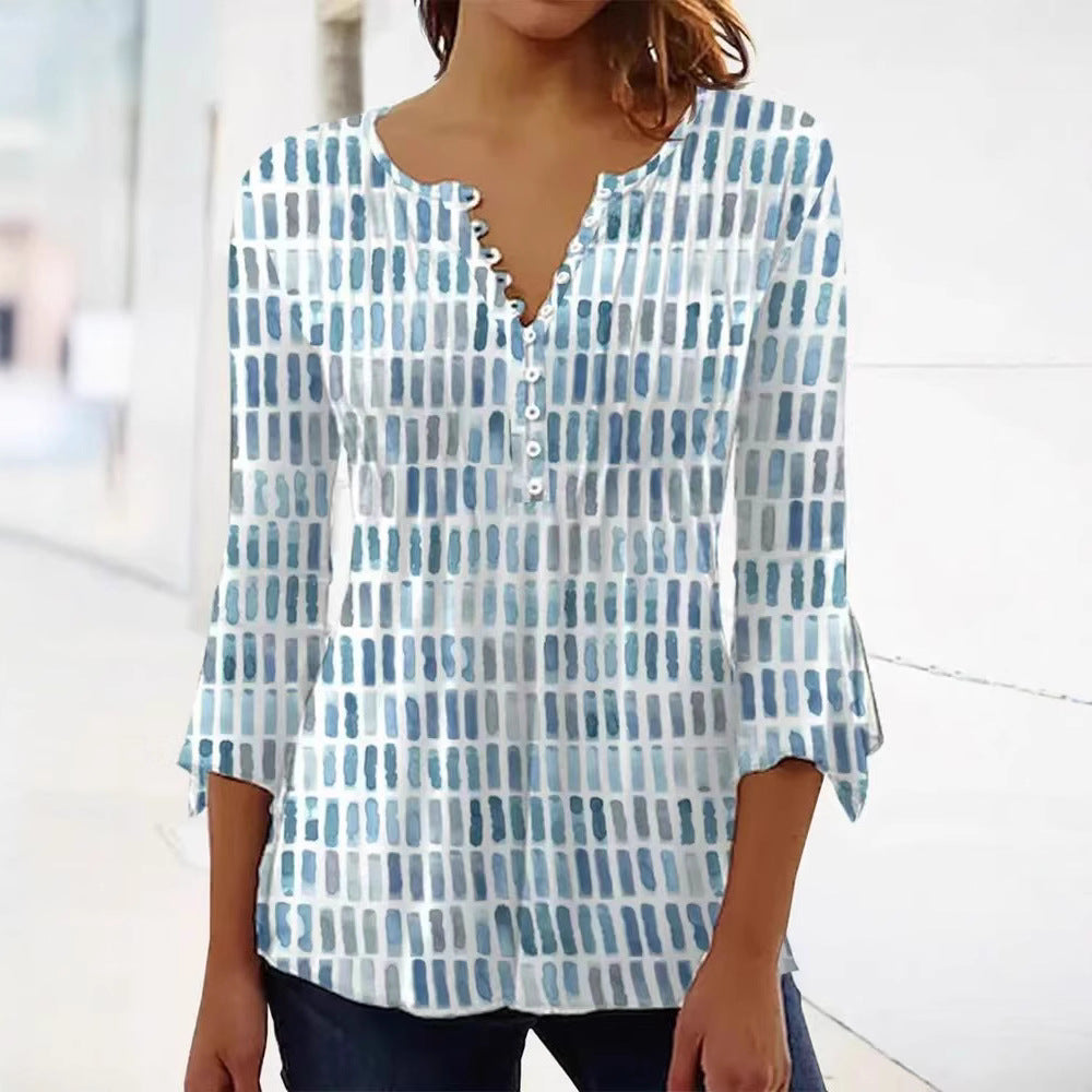 Damen Bluse im modernen Grafikdesign mit Knopfdetails Drune