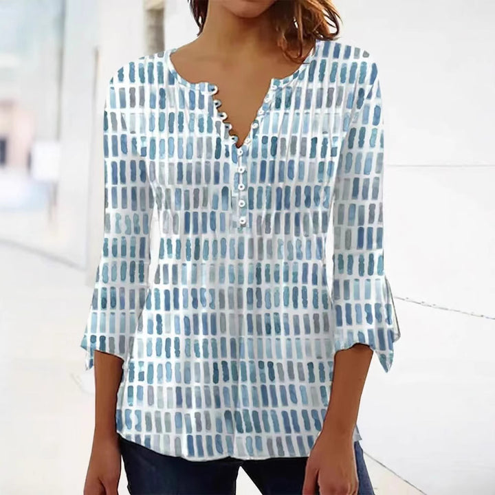Damen Bluse im modernen Grafikdesign mit Knopfdetails Drune