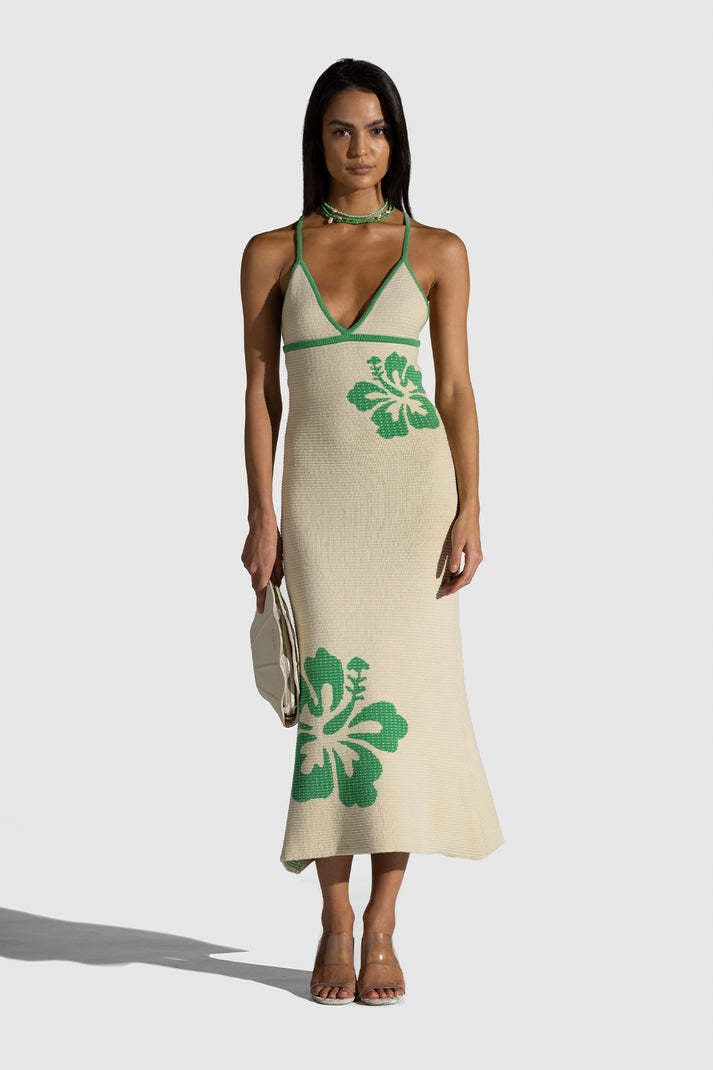 Damen Maxikleid mit raffiniertem Häkelmuster und floralen Akzenten Drune