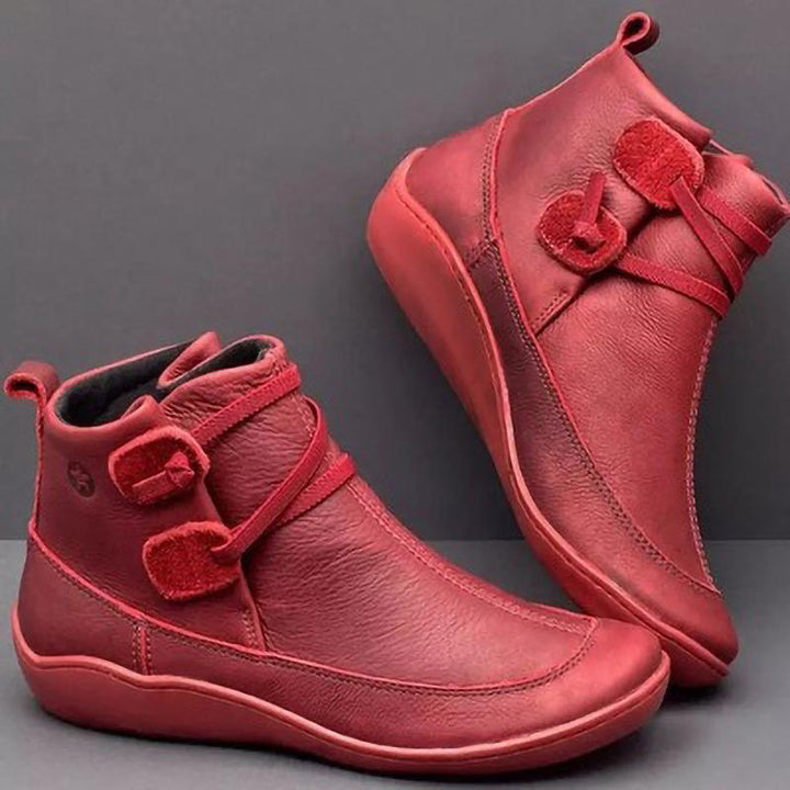 Damen nan knöchelhohe Softleder-Slipperstiefelette mit Schlaufen-Wickelriemen und ergonomischer Gummilaufsohle Drune