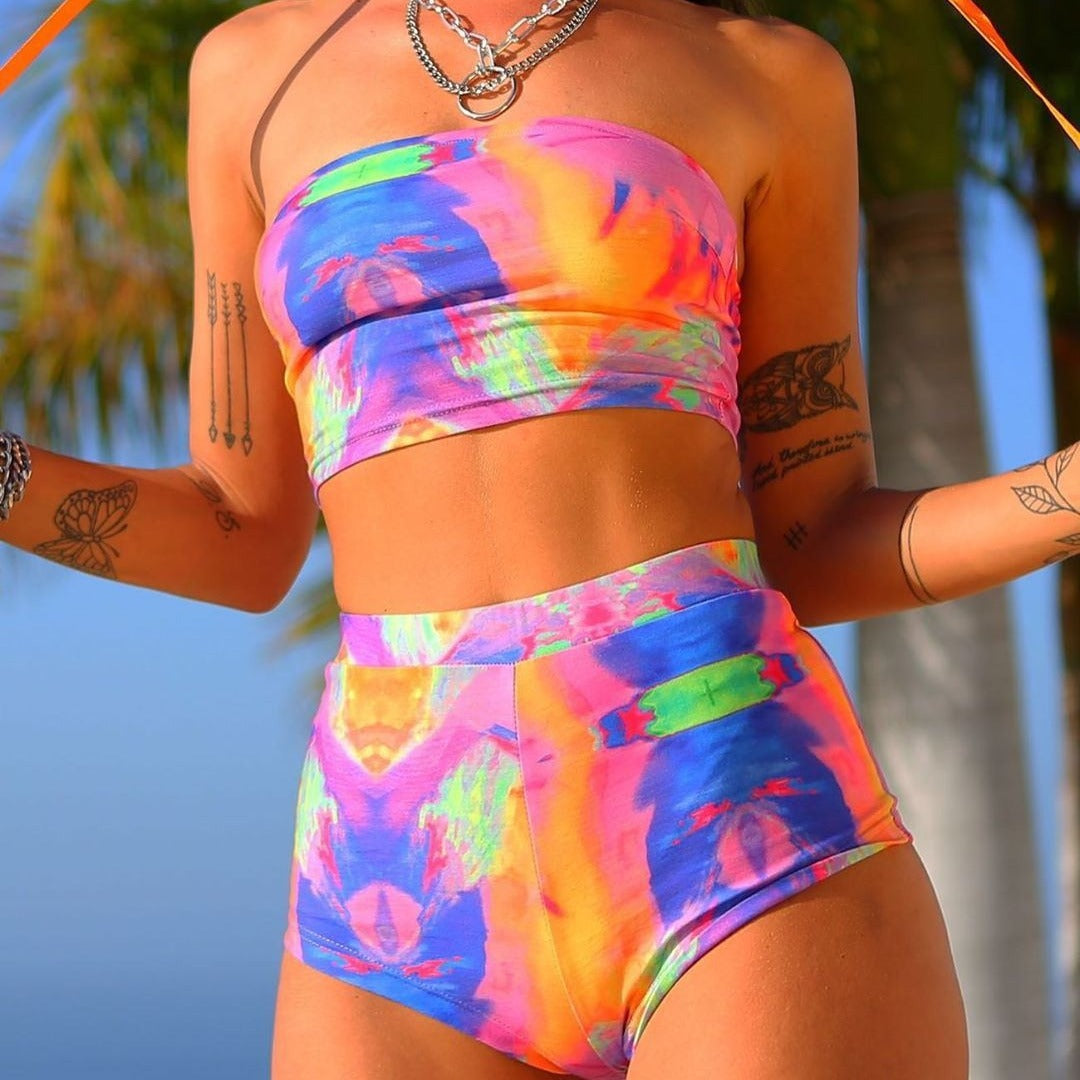Damen Hochgeschnittener Bikini-Set mit modernem Batikdesign Drune