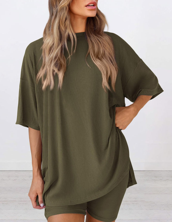 Damen Lässiges Lounge-Set mit übergroßem Oberteil und kurzen Hosen Drune