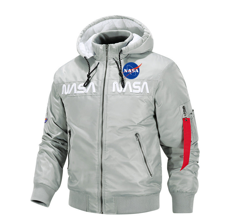 Herren  glänzende Luft- und Raumfahrt Emblem Kapuzenjacke mit Reißverschluss vorne Bomberjacke Drune