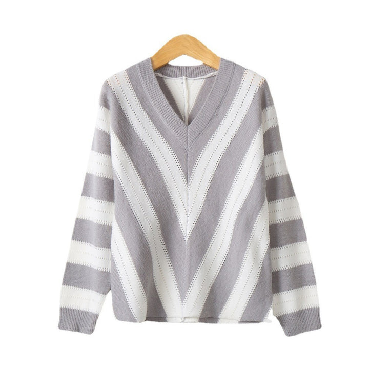 Damen V-Ausschnitt Strickpullover mit raffiniertem Streifenmuster Drune