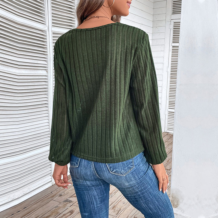 Damen modisches Langarmshirt mit V-Ausschnitt und dekorativen Knöpfen Drune