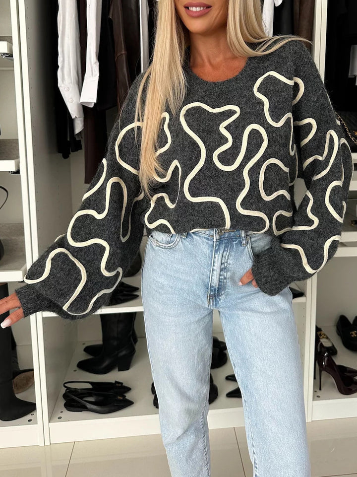 Damen gemütlicher Strickpullover mit künstlerischem Muster Drune
