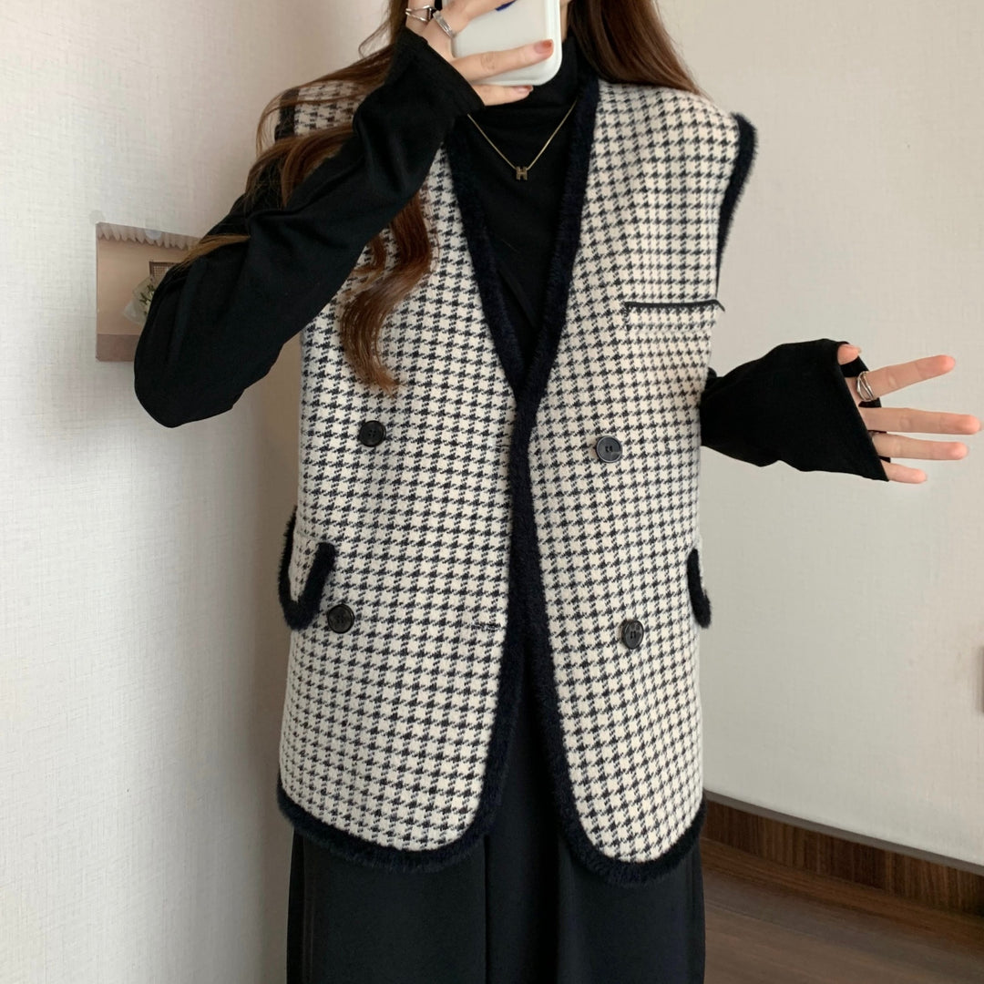 Damen Elegante Strickweste mit Karomuster und praktischem Taschendesign Drune