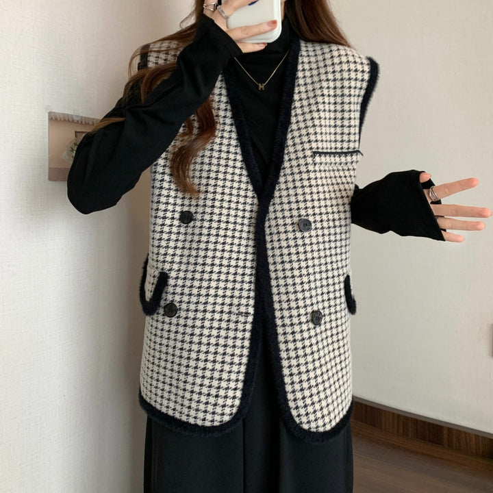 Damen Elegante Strickweste mit Karomuster und praktischem Taschendesign Drune