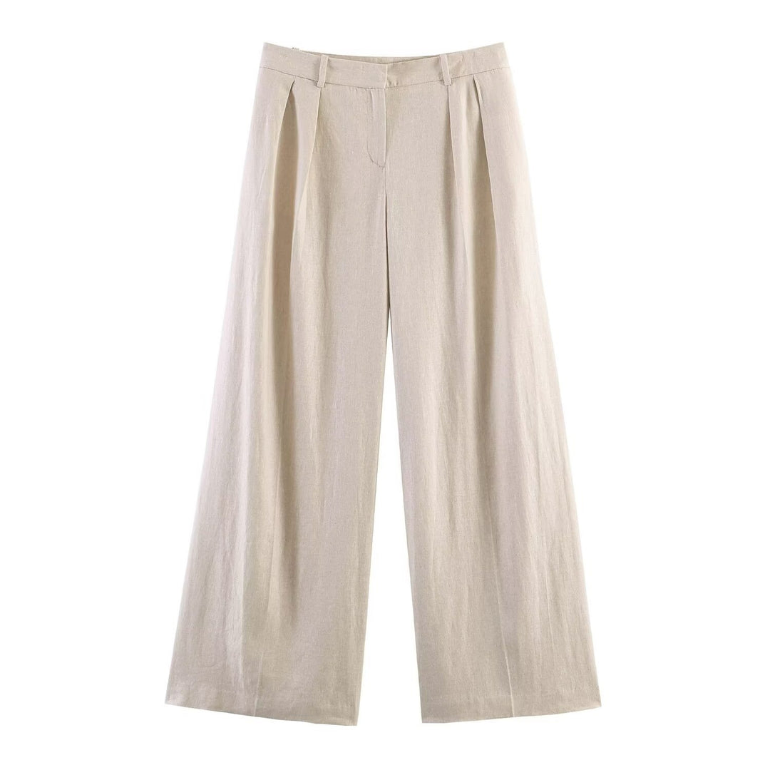 Damen Weite Leinenhose mit eleganten Falten und hohem Bund Drune