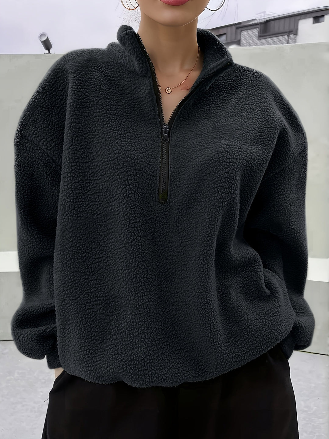 Damen kuscheliger Fleece-Pullover mit Stehkragen und Reißverschluss Drune