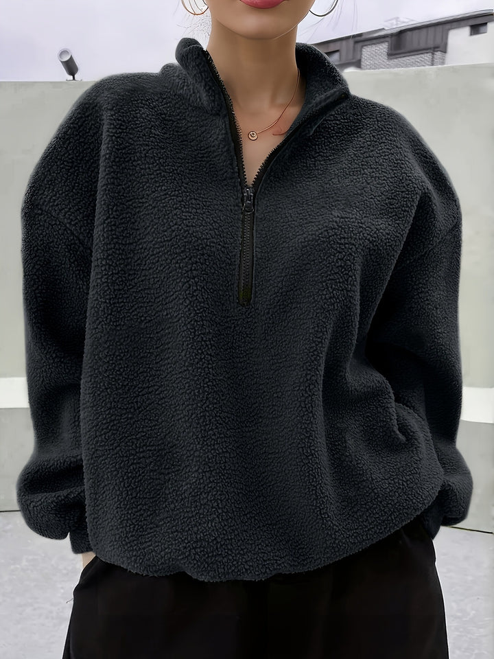 Damen kuscheliger Fleece-Pullover mit Stehkragen und Reißverschluss Drune