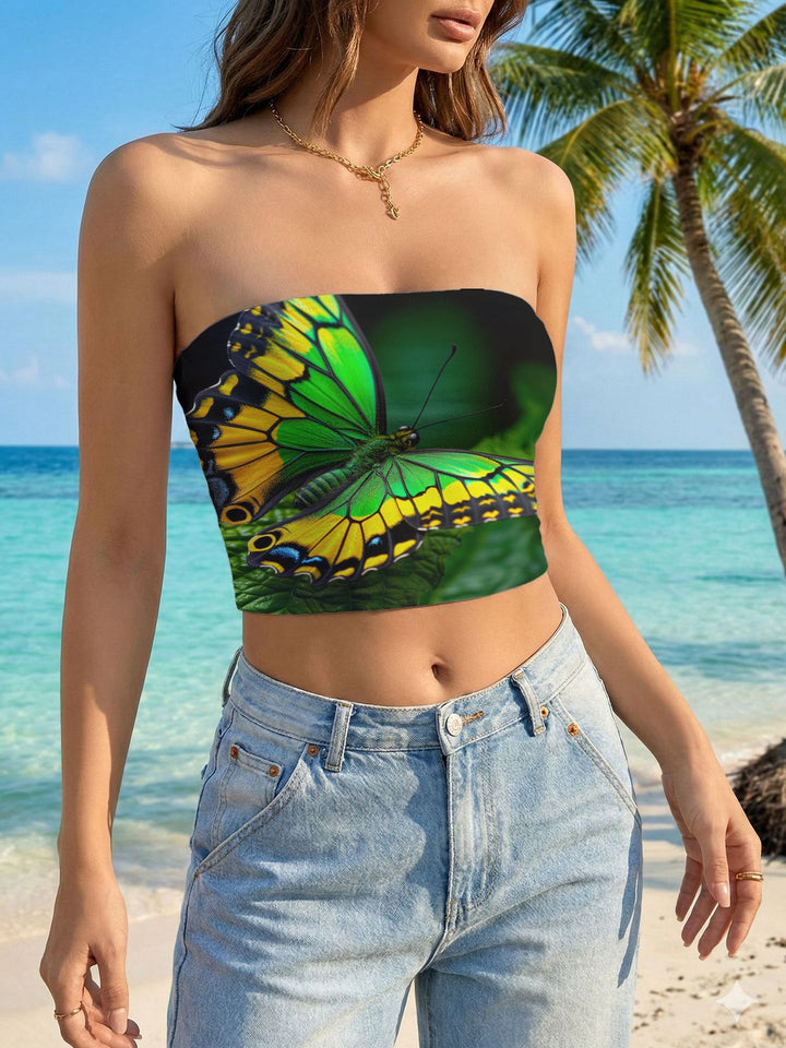 Damen Bandeau-Top mit floralem Vogelmotiv und elastischer Passform Drune