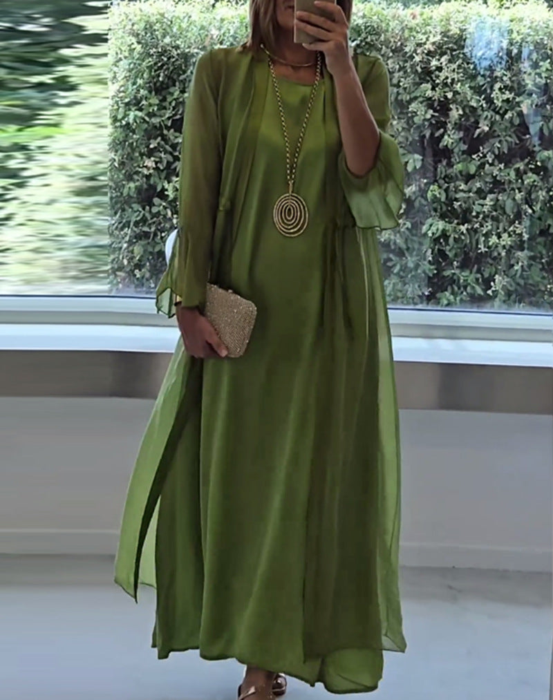 Damen nan doppellagiges Abendmaxikleid mit transparentem Überwurf, geschmeidigem Innenkleid, Taillenbändern und Trompetenärmeln Drune
