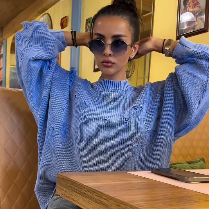 Damen lässiger Pullover mit modischem Rissdesign und voluminösen Ärmeln Drune