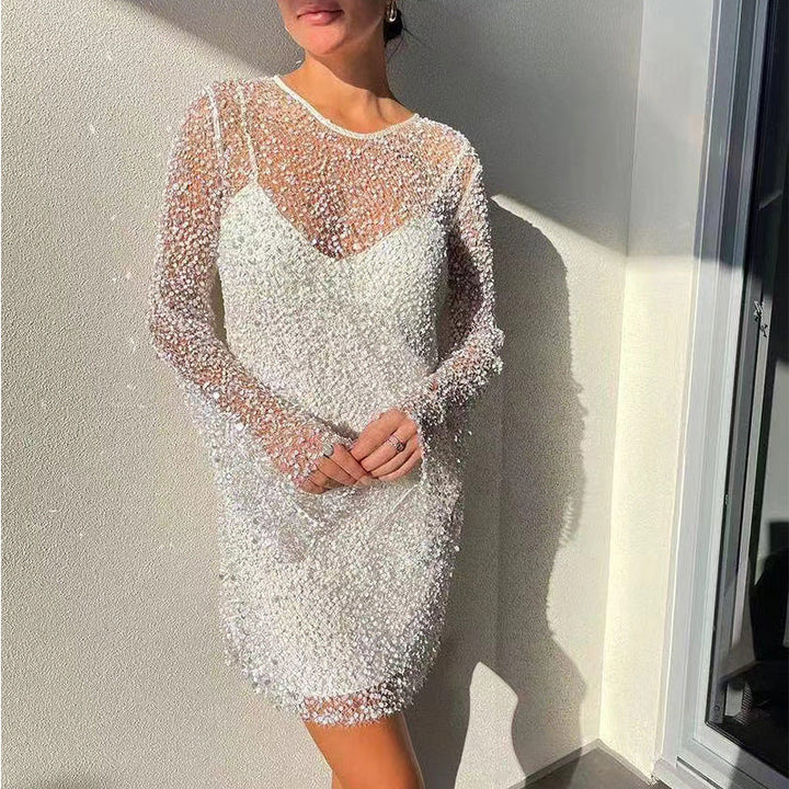 Damen Glitzerndes Cocktailkleid mit schimmernden Pailletten und langen Ärmeln Drune