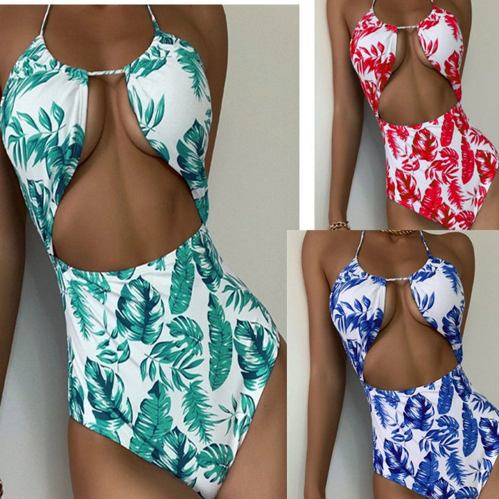 Damen Einteiliger Badeanzug mit modischem Cut-Out-Design und tropischem Blattmuster Drune