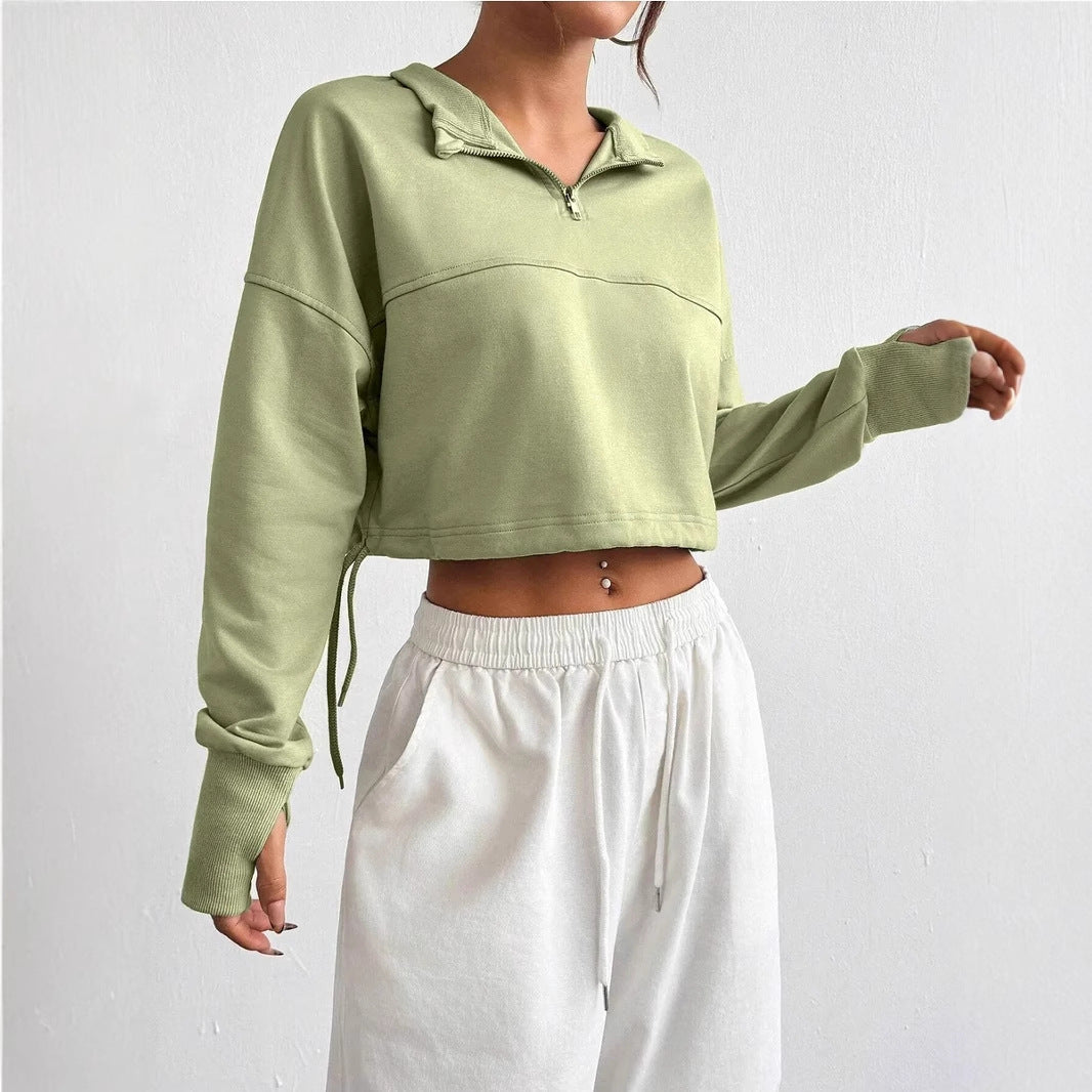 Drune | Crop Pullover Baumwollmischung Bequeme Passform Reißverschlusskragen Ballonärmel