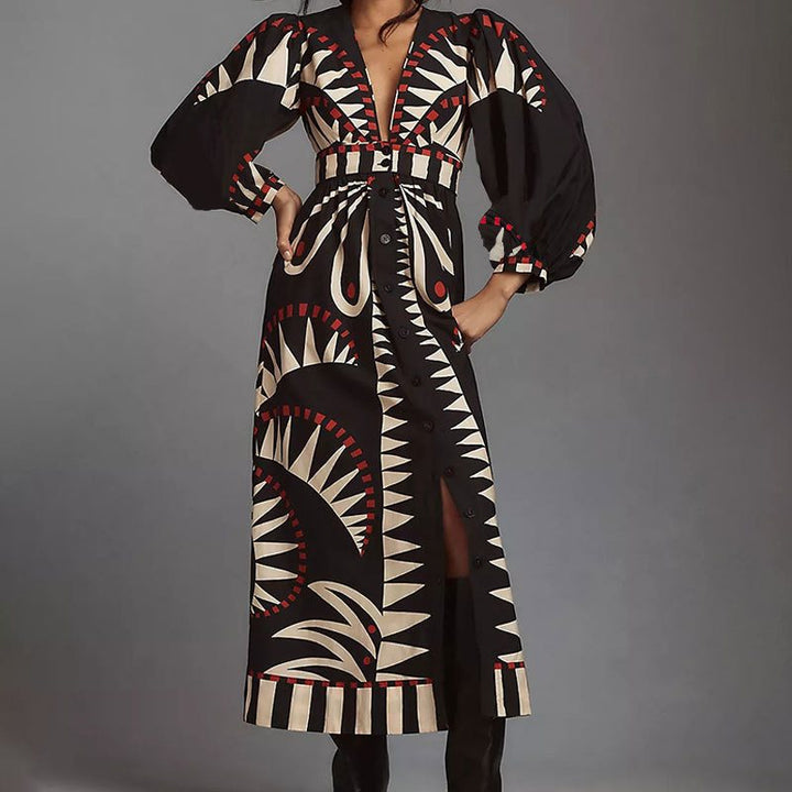 Damen Maxikleid mit ausgefallenem geometrischem Muster und eleganter Knopfleiste Drune
