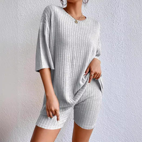 Damen komfortables Kurzarm Set mit Rippstrick und relaxed Schnitt Drune