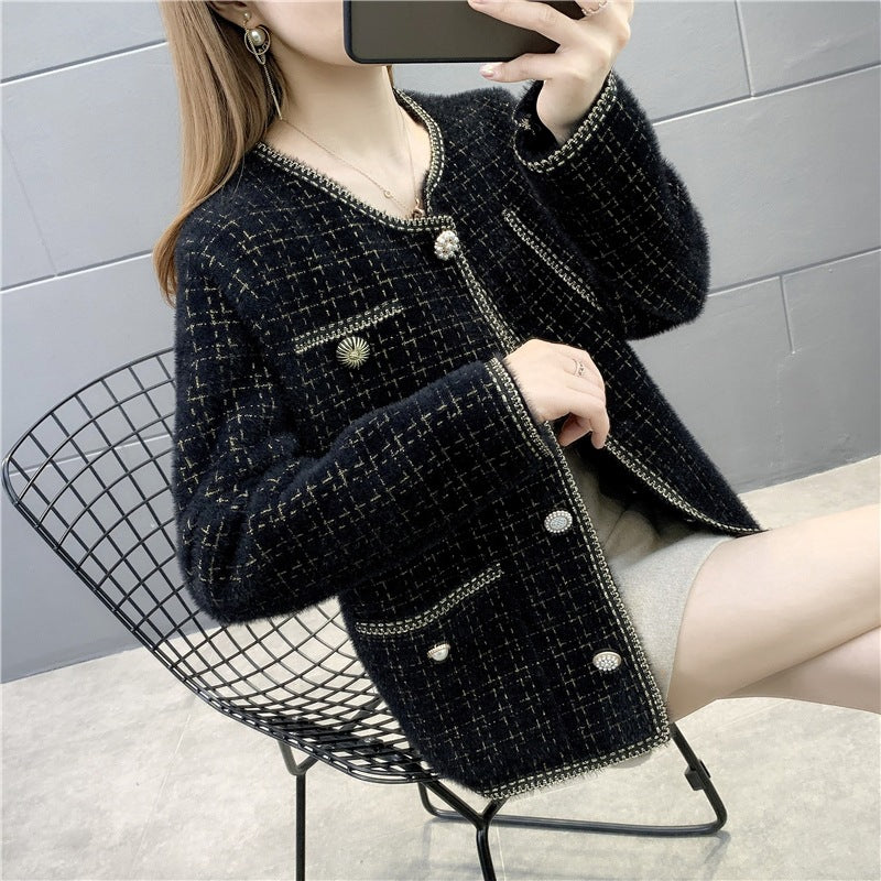 Damen elegante Strickjacke mit Perlenschmuck Drune