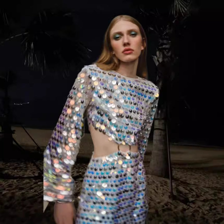 Damen modisches Minikleid mit durchsichtigen Ärmeln und Paillettenbesatz Drune