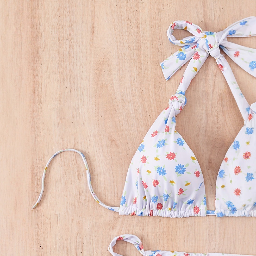 Damen Floral gemusterter Triangel-Bikini mit verspieltem Bindeband Drune