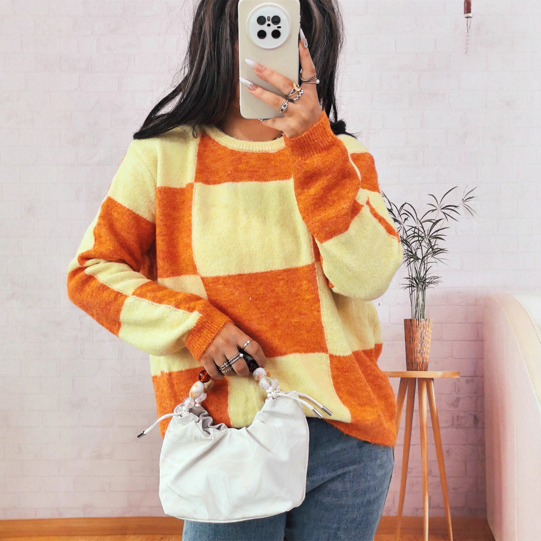 Damen lässiger Pullover mit modernen Karomuster Drune