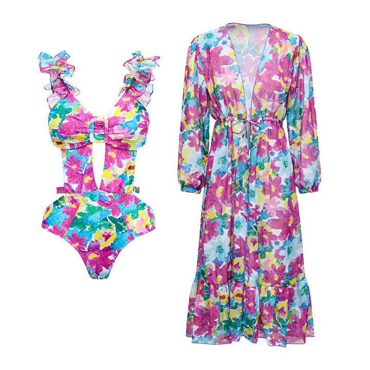 Damen Bikiniset mit voluminösen Rüschendetails und fließendem Maxi-Rock Drune