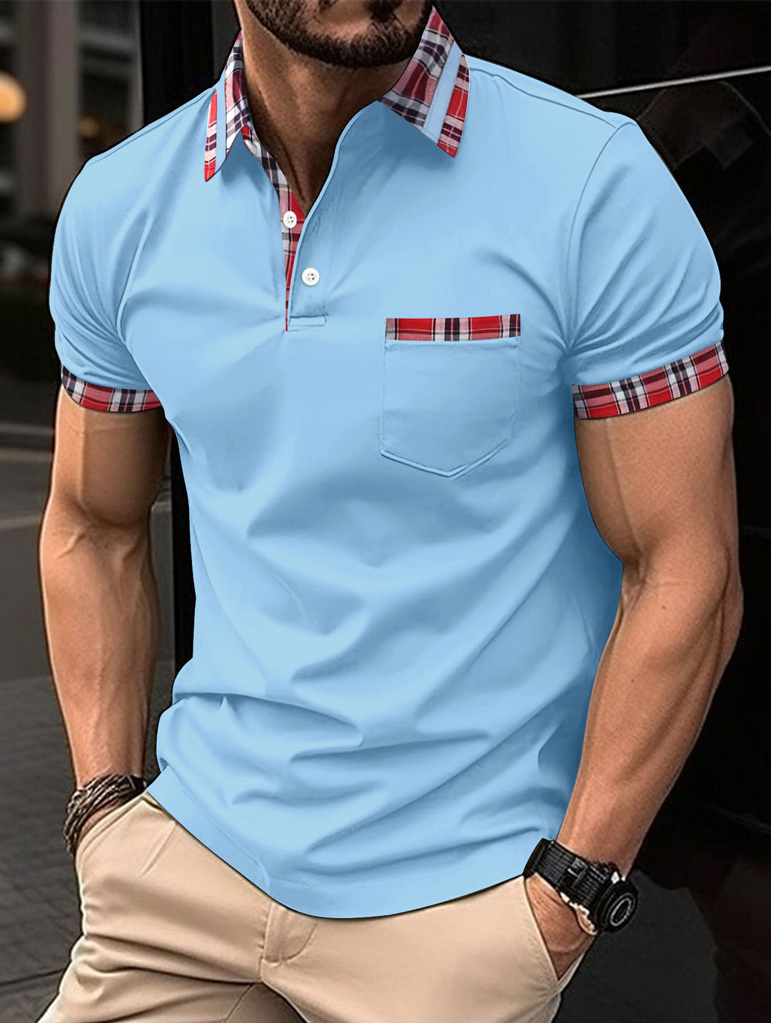 Herren Poloshirt mit modernem Karo-Design und Brusttasche Drune