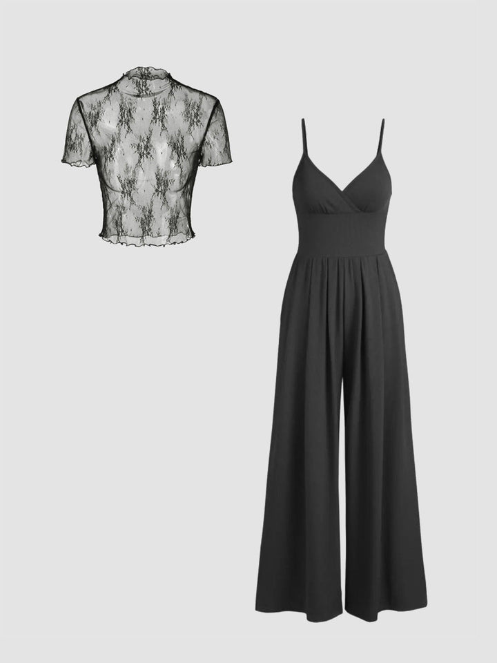Damen elegantes V-Ausschnitt Jumpsuit mit transparenter Bluse Drune