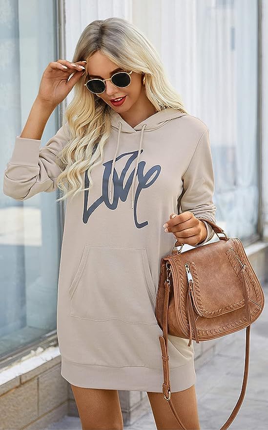 Damen Hoodie-Kleid mit Kängurutasche und auffälligem Schriftzug Drune