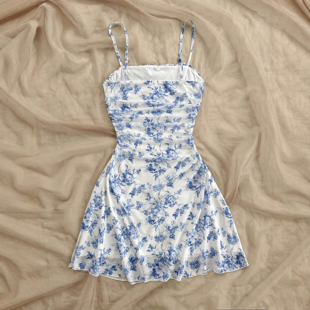Damen Sommerliches Blumenkleid mit Spaghetti-Trägern und Raffungen Drune