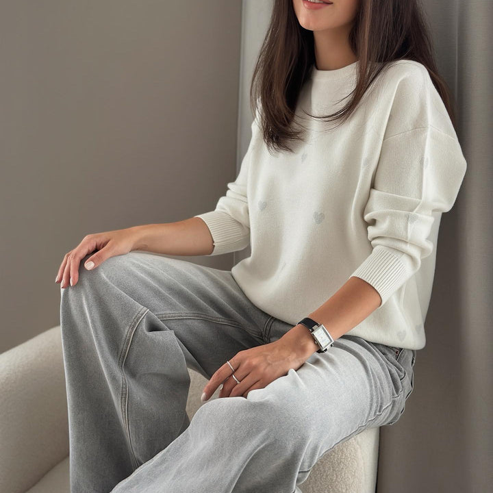 Damen herbstlicher Strickpullover mit Herzenmuster und komfortablem Schnitt Drune