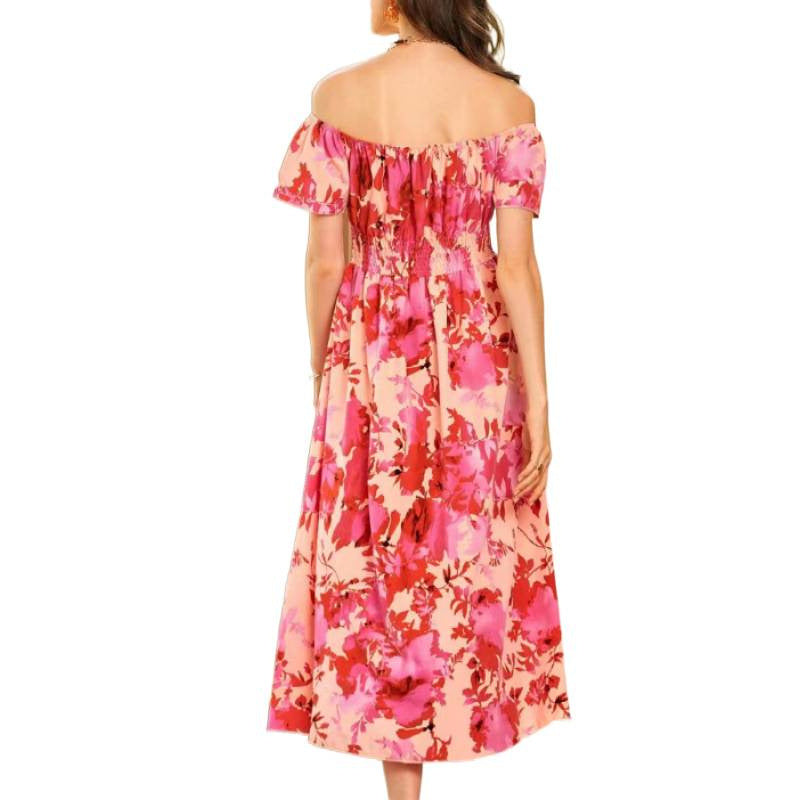 Damen Off-Shoulder Midikleid im floralen Design mit elastischem Oberteil und voluminösem Rock Drune