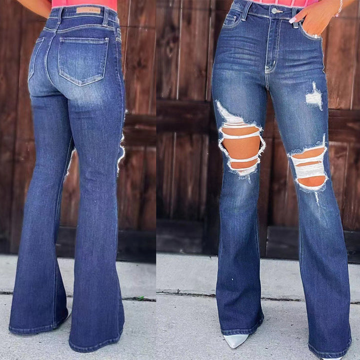 Damen Flared Jeans mit modischen Destroyed-Effekten und hohem Bund Drune