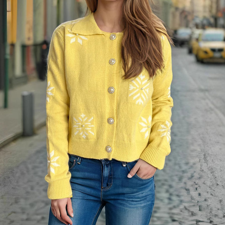 Damen gestrickte Kurzjacke mit winterlichem Schneeflockenmotiv Drune