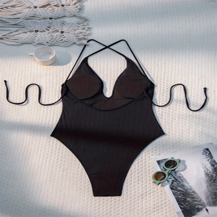 Damen Eleganter Badeanzug mit tiefem V-Ausschnitt und bindbaren Trägern Drune