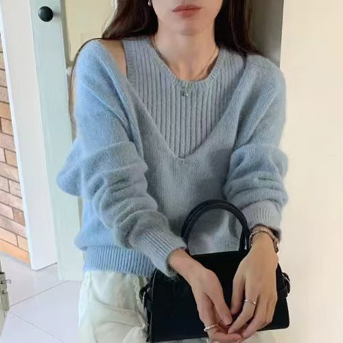 Damen Pullover mit tiefem V-Ausschnitt und feiner Ribstruktur Drune