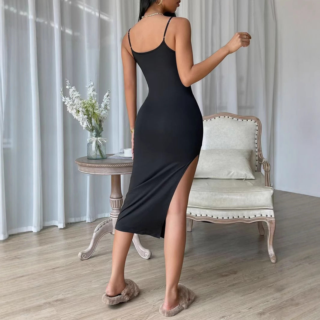 Damen figurbetontes Maxi-Kleid mit schmalen Spaghettiträgern und seitlichem Schlitz Drune