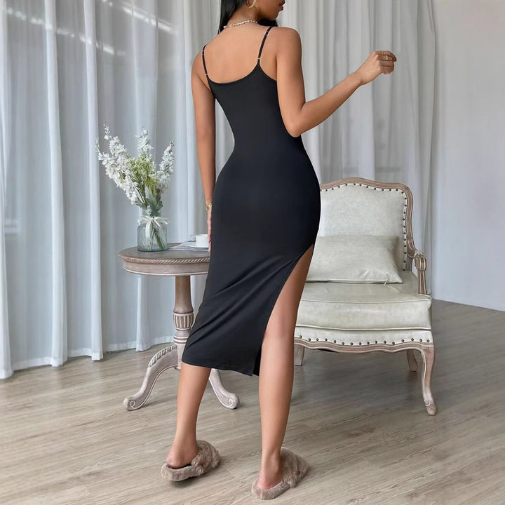 Damen figurbetontes Maxi-Kleid mit schmalen Spaghettiträgern und seitlichem Schlitz Drune