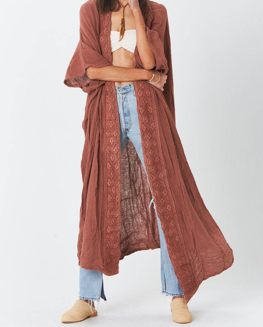 Damen luftiger Kaftan mit feiner Häkelverzierung und weitem Schnitt Drune