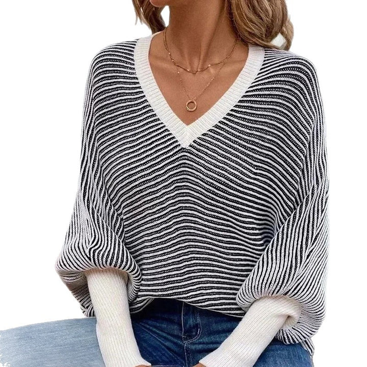 Damen Strickpullover im modernen Streifenlook mit V-Ausschnitt Drune