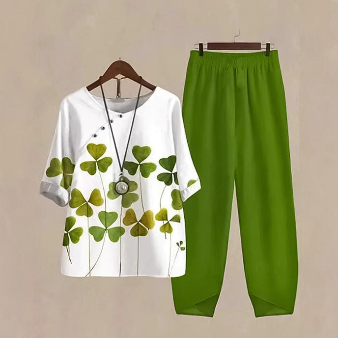 Damen nan zweiteiliges Freizeitset mit Kleeblatt-Print-Tunika und elastischer Komfortbund-Hose Drune