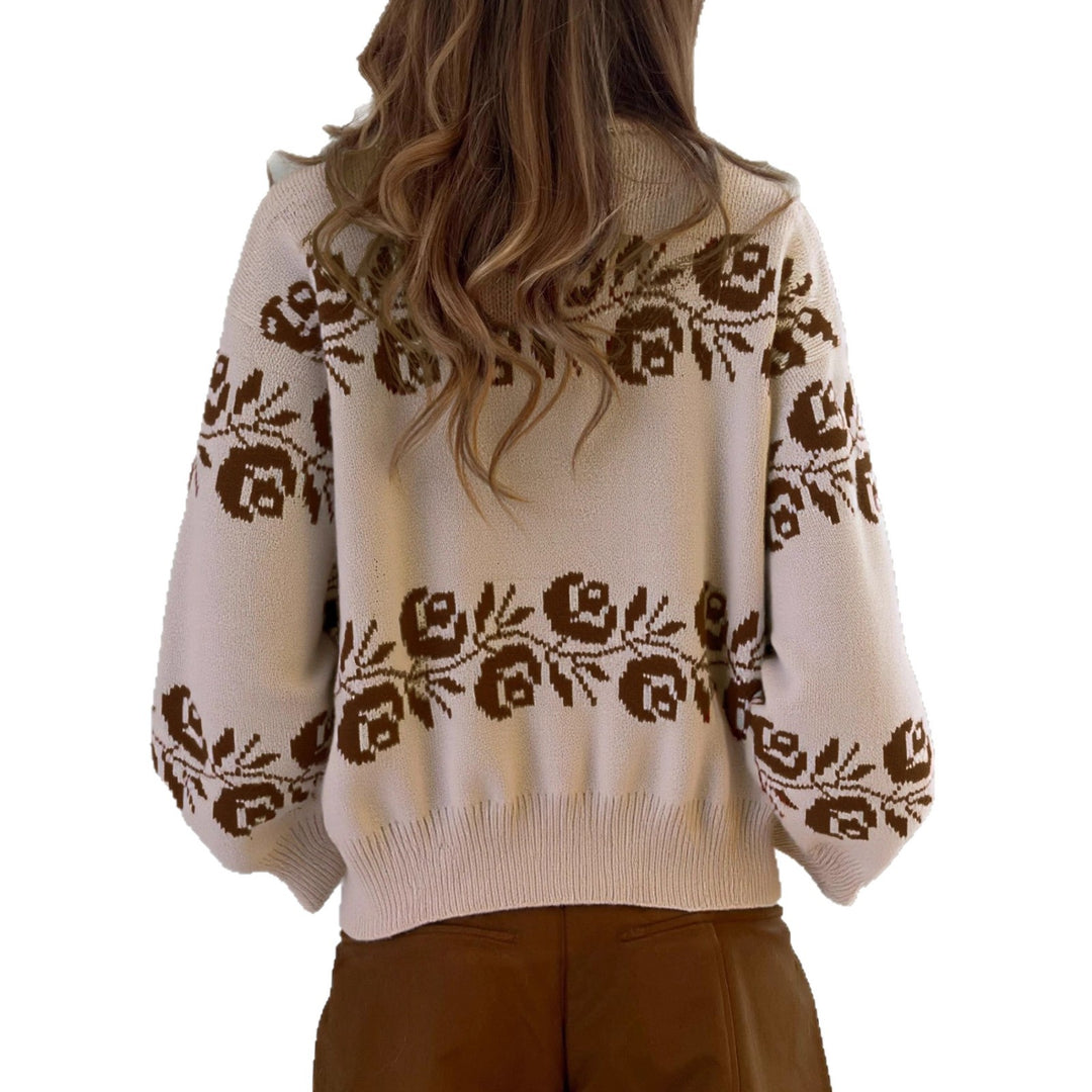 Damen Strickpullover mit floralem Jacquard-Muster und hohem Kragen Drune