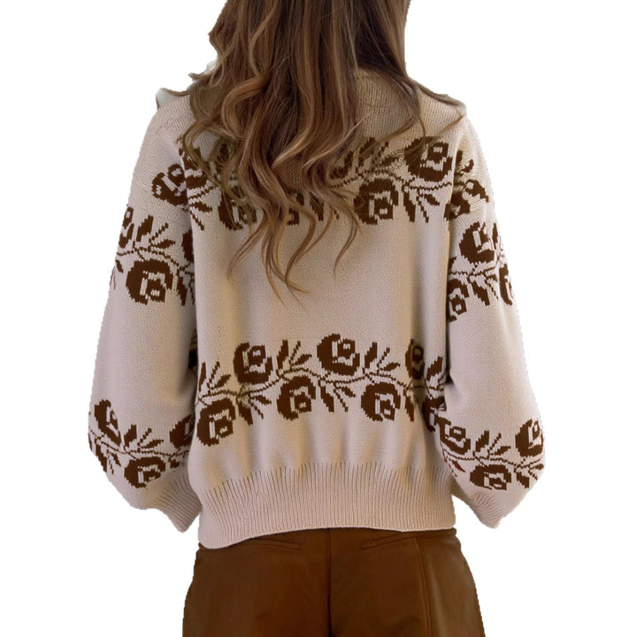 Damen Strickpullover mit floralem Jacquard-Muster und hohem Kragen Drune