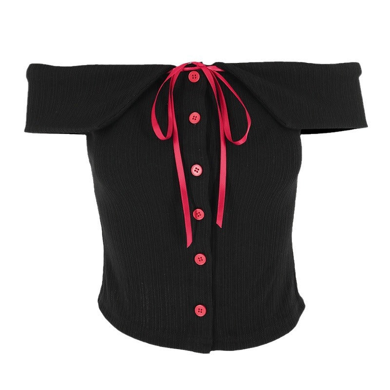 Damen Off-Shoulder Bluse mit Kontrastknöpfen und Taillenband Drune