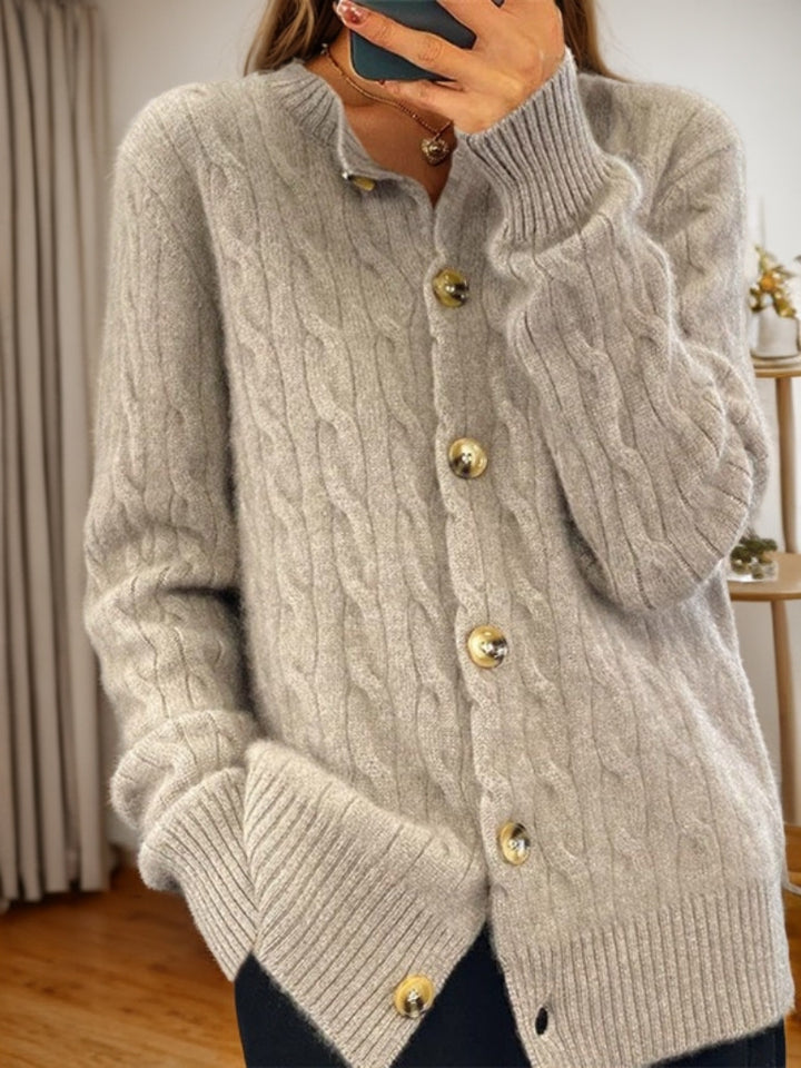 Damen Kaschmir Strickjacke mit Knopfverschluss und strukturiertem Zopfmuster Drune