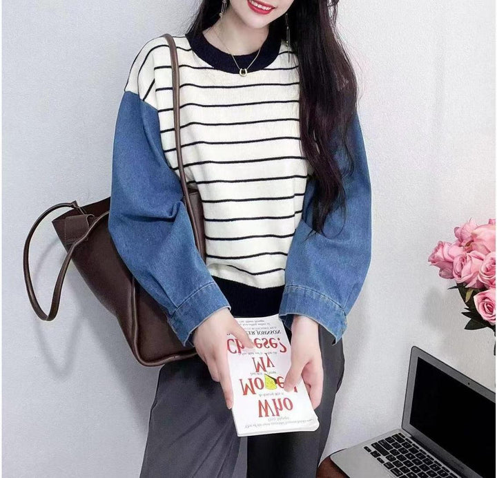 Damen modischer Sweater mit Denim-Ärmeln Drune